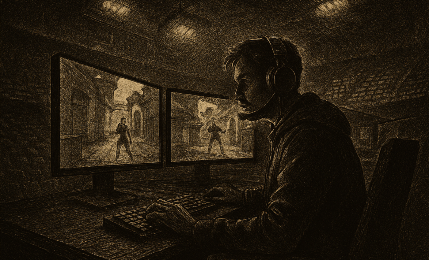 A solitary esports player sits at a glowing gaming setup in a dark arena, symbolizing the pressure of professional competition.