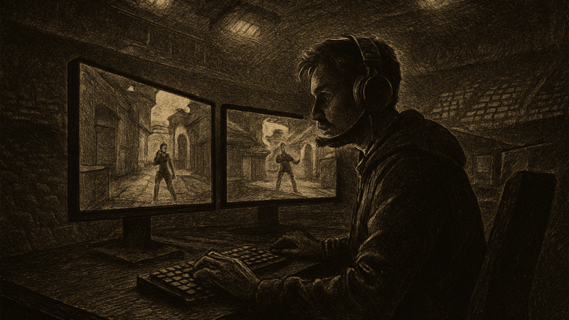 A solitary esports player sits at a glowing gaming setup in a dark arena, symbolizing the pressure of professional competition.