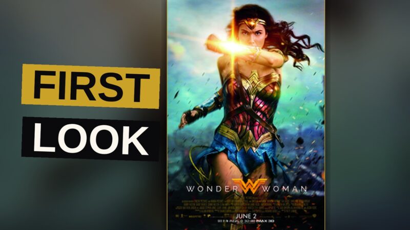 Gal Gadot as Wonder Woman in armor stands on a war-torn field at dusk, holding a shield and sword.