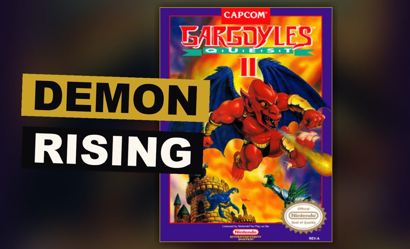 A winged demon hero clings to a wall and throws flame at monsters within a dark, quiet realm.