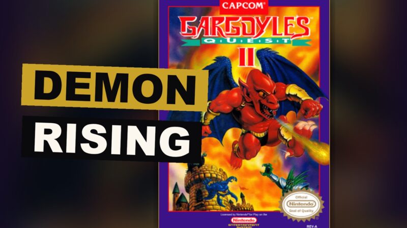 A winged demon hero clings to a wall and throws flame at monsters within a dark, quiet realm.