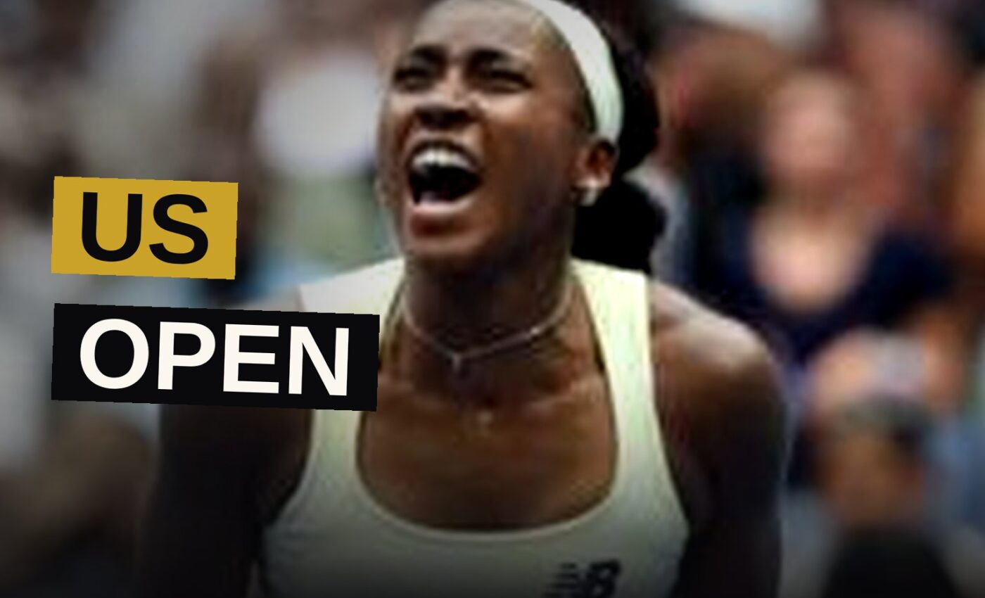 Coco Gauff celebrates a point during her US Open quarterfinal match.