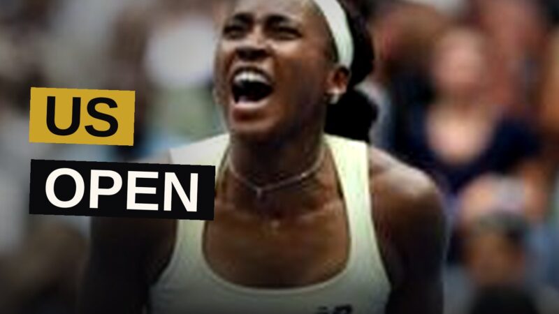 Coco Gauff celebrates a point during her US Open quarterfinal match.