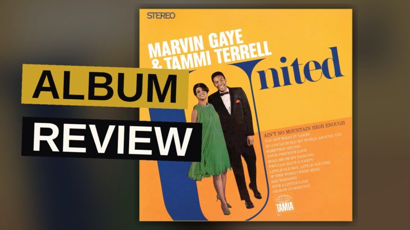 Marvin Gaye and Tammi Terrell smiling together in a warm, retro recording studio setting.