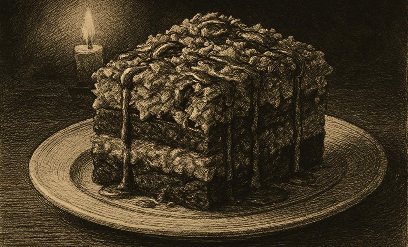 A slice of a no-bake German chocolate cake with toasted coconut and pecans, drizzled with caramel sauce.