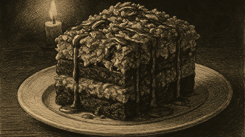 A slice of a no-bake German chocolate cake with toasted coconut and pecans, drizzled with caramel sauce.