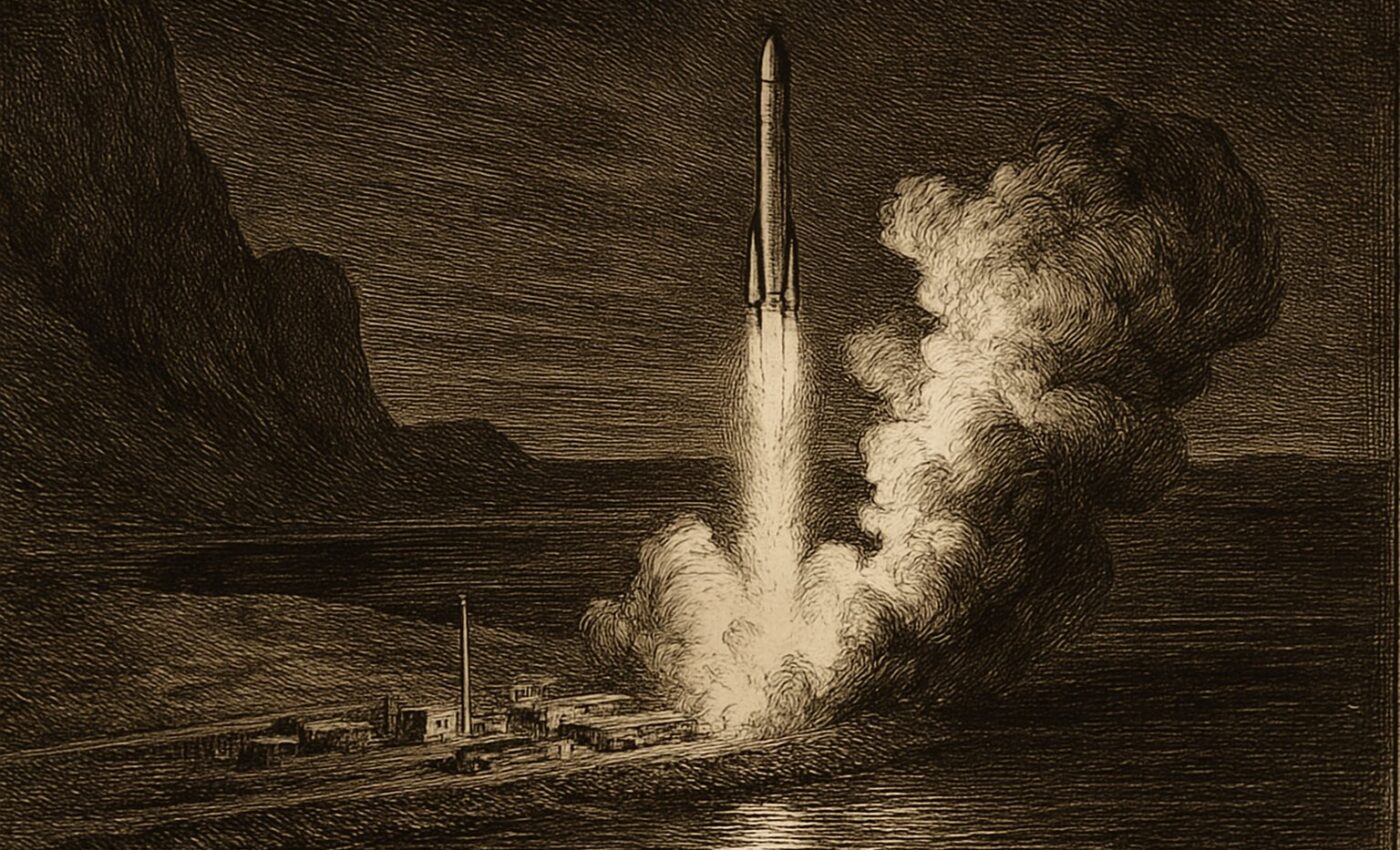 A slender rocket rises into the dying blue of an Arctic evening sky, fire streaming behind it.