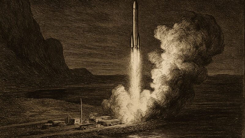 A slender rocket rises into the dying blue of an Arctic evening sky, fire streaming behind it.