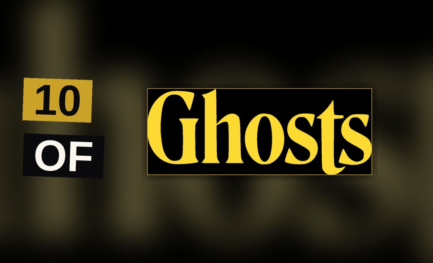 A group of ghostly figures in historical costumes gather in an old mansion's living room.