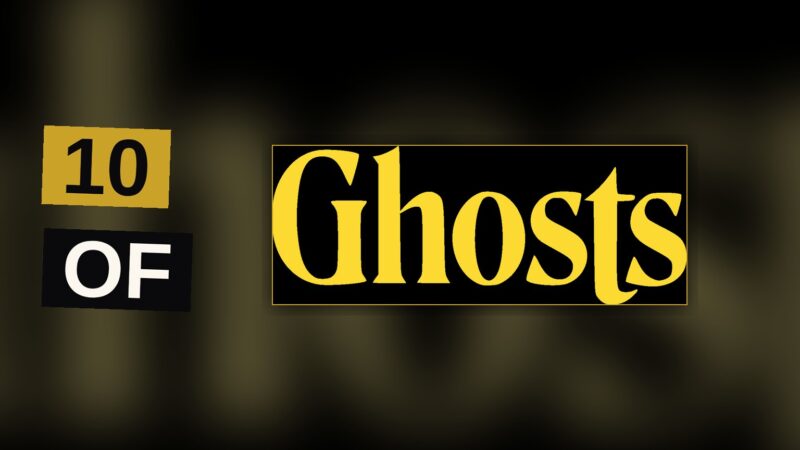 A group of ghostly figures in historical costumes gather in an old mansion's living room.