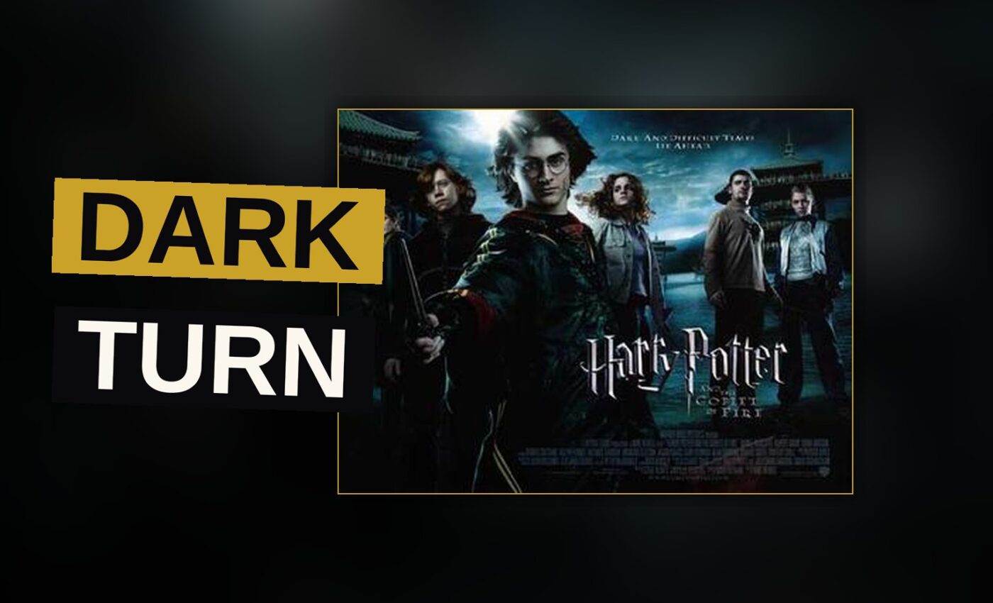 Harry Potter confronts the Hungarian Horntail dragon during the first task of the Triwizard Tournament.