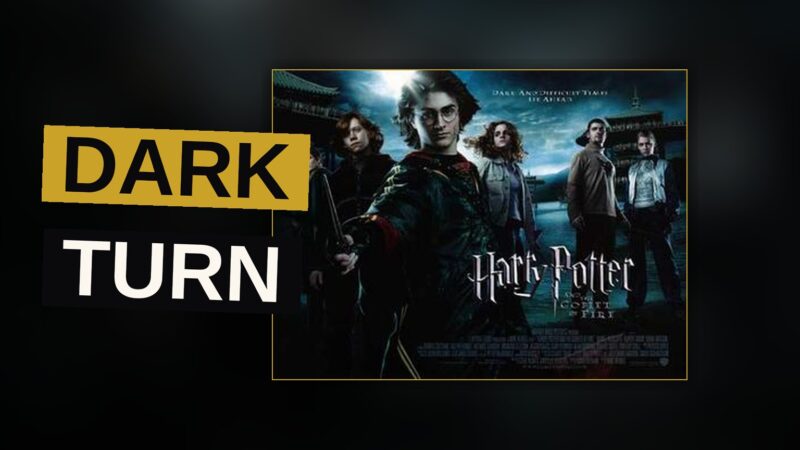 Harry Potter confronts the Hungarian Horntail dragon during the first task of the Triwizard Tournament.
