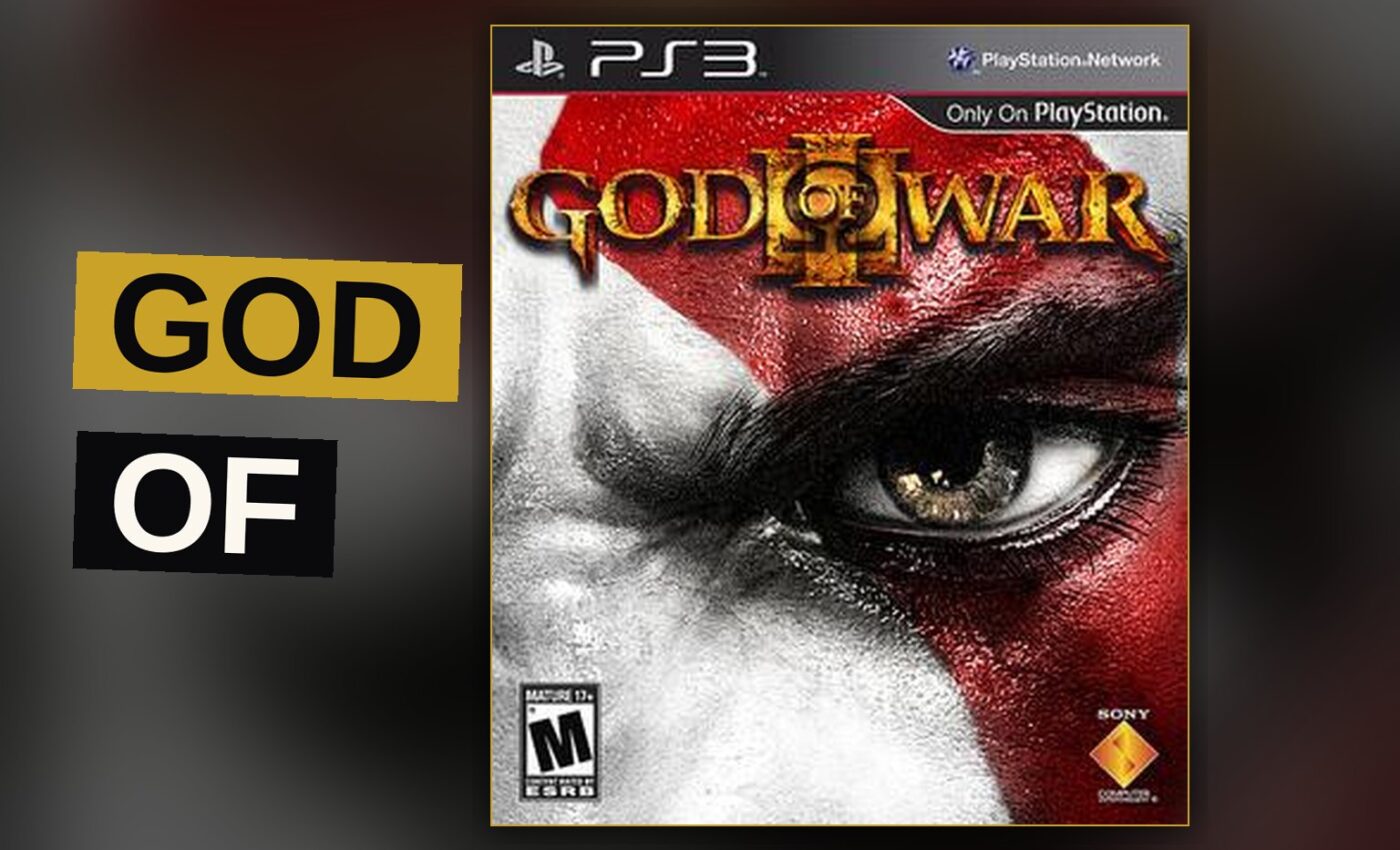 Kratos stands on a ruined Greek temple, holding his chained blades as lightning strikes behind him.