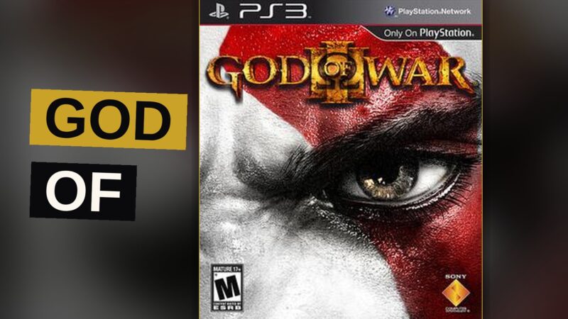 Kratos stands on a ruined Greek temple, holding his chained blades as lightning strikes behind him.