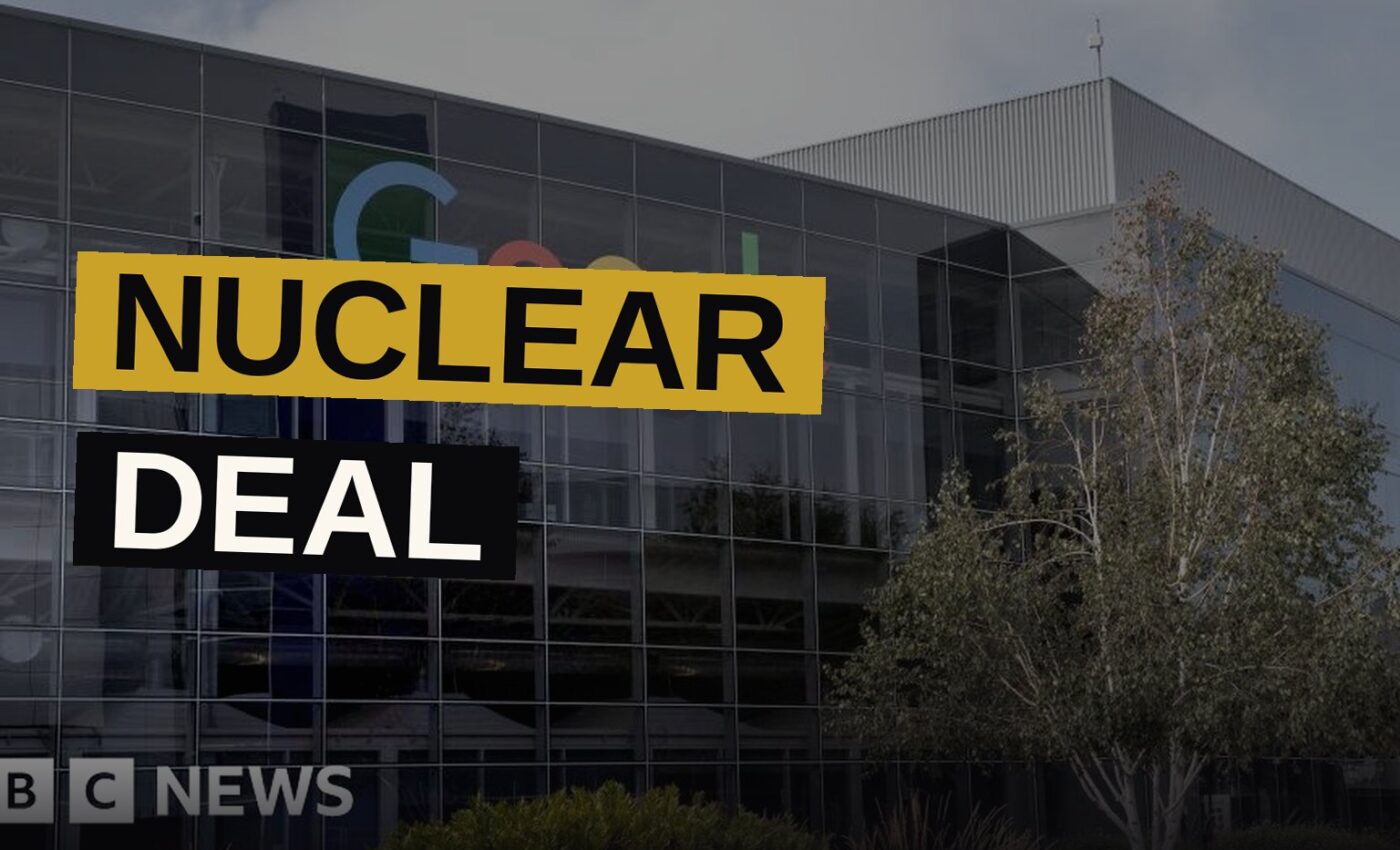 A data center complex sits near a nuclear power plant at dusk, with both glowing softly.