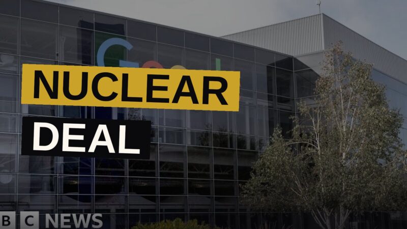A data center complex sits near a nuclear power plant at dusk, with both glowing softly.