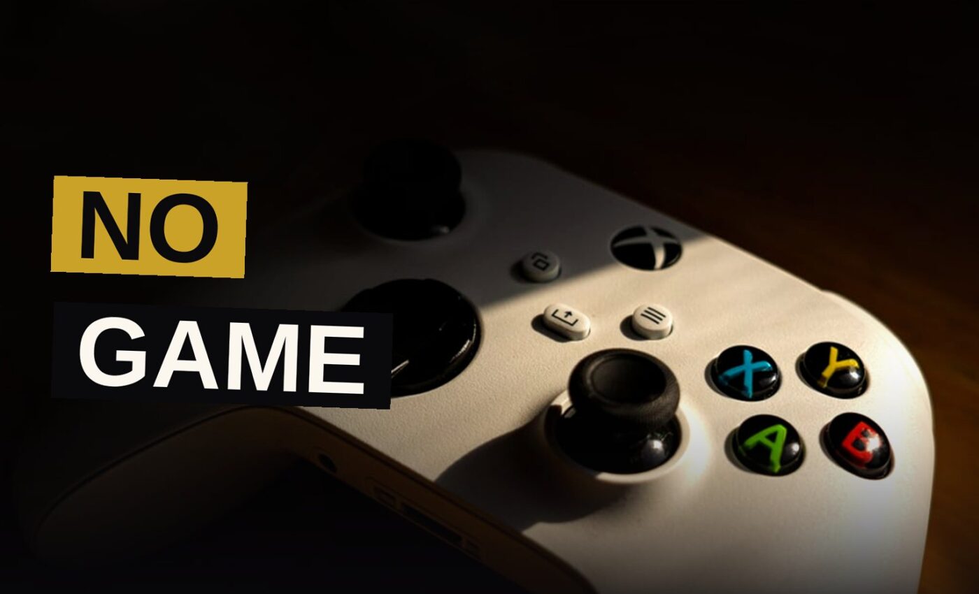 An Xbox Series X console with a green Game Pass logo and a red X mark over a city skyline in the background.