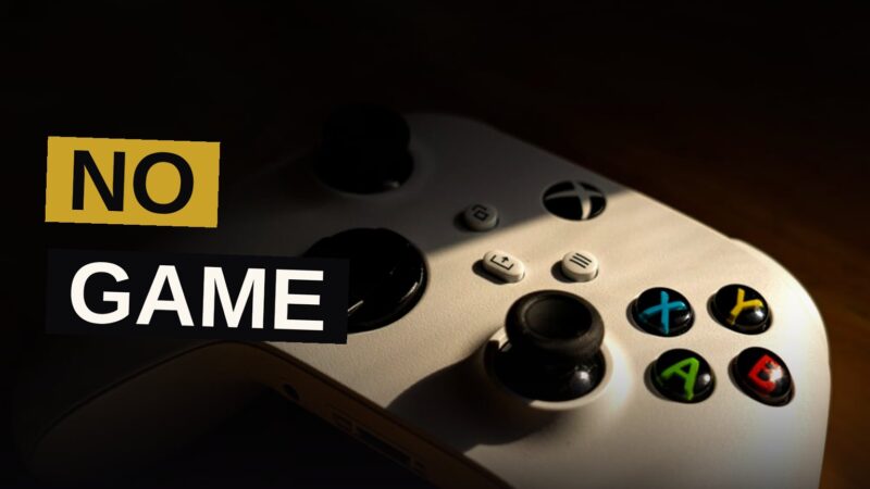 An Xbox Series X console with a green Game Pass logo and a red X mark over a city skyline in the background.
