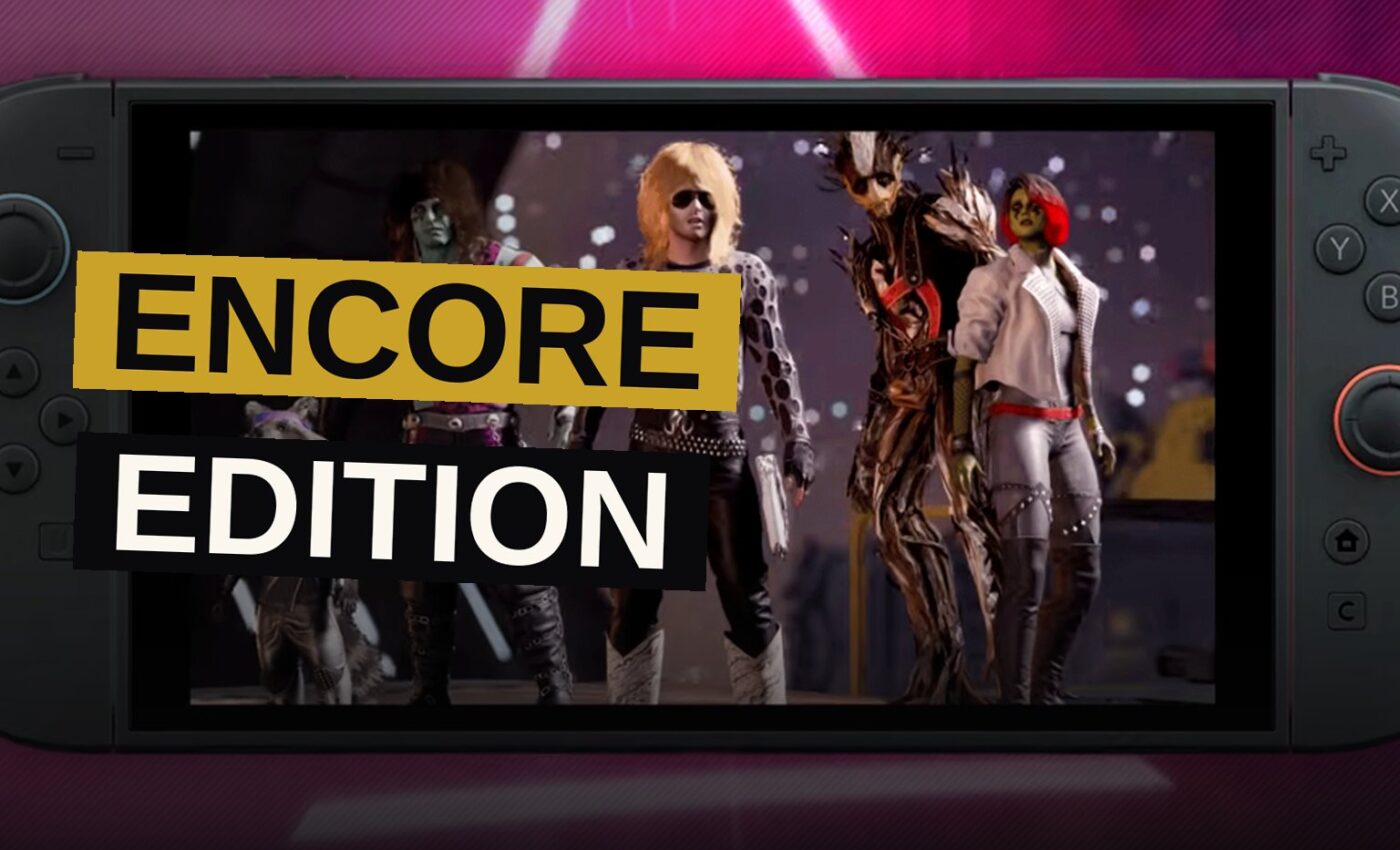 The Guardians of the Galaxy characters pose dynamically in front of a futuristic cityscape at dusk, with a Nintendo Switch 2 console in the foreground.