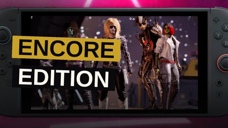 The Guardians of the Galaxy characters pose dynamically in front of a futuristic cityscape at dusk, with a Nintendo Switch 2 console in the foreground.
