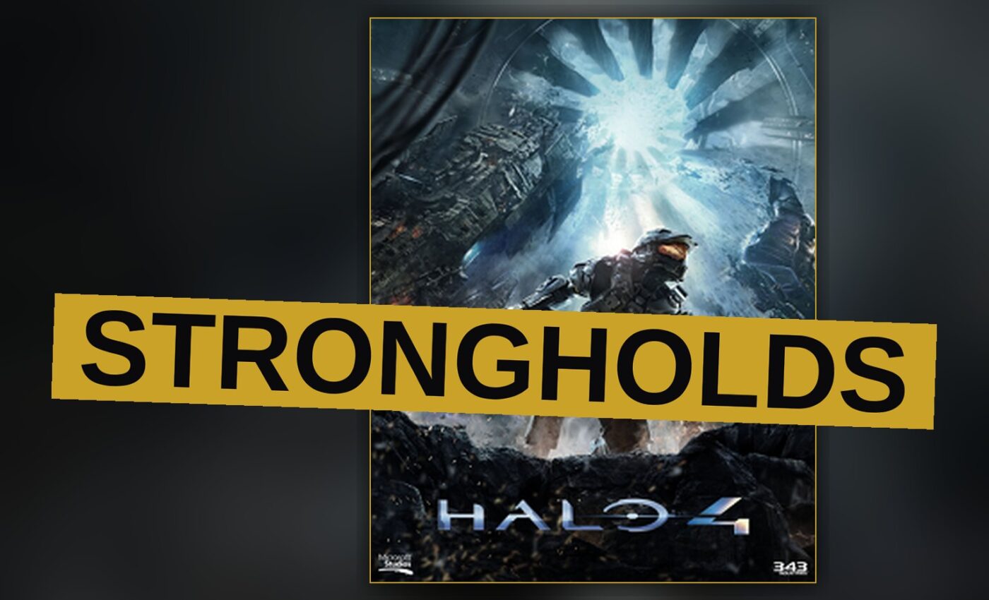 A Spartan warrior stands ready in a devastated alien battlefield.