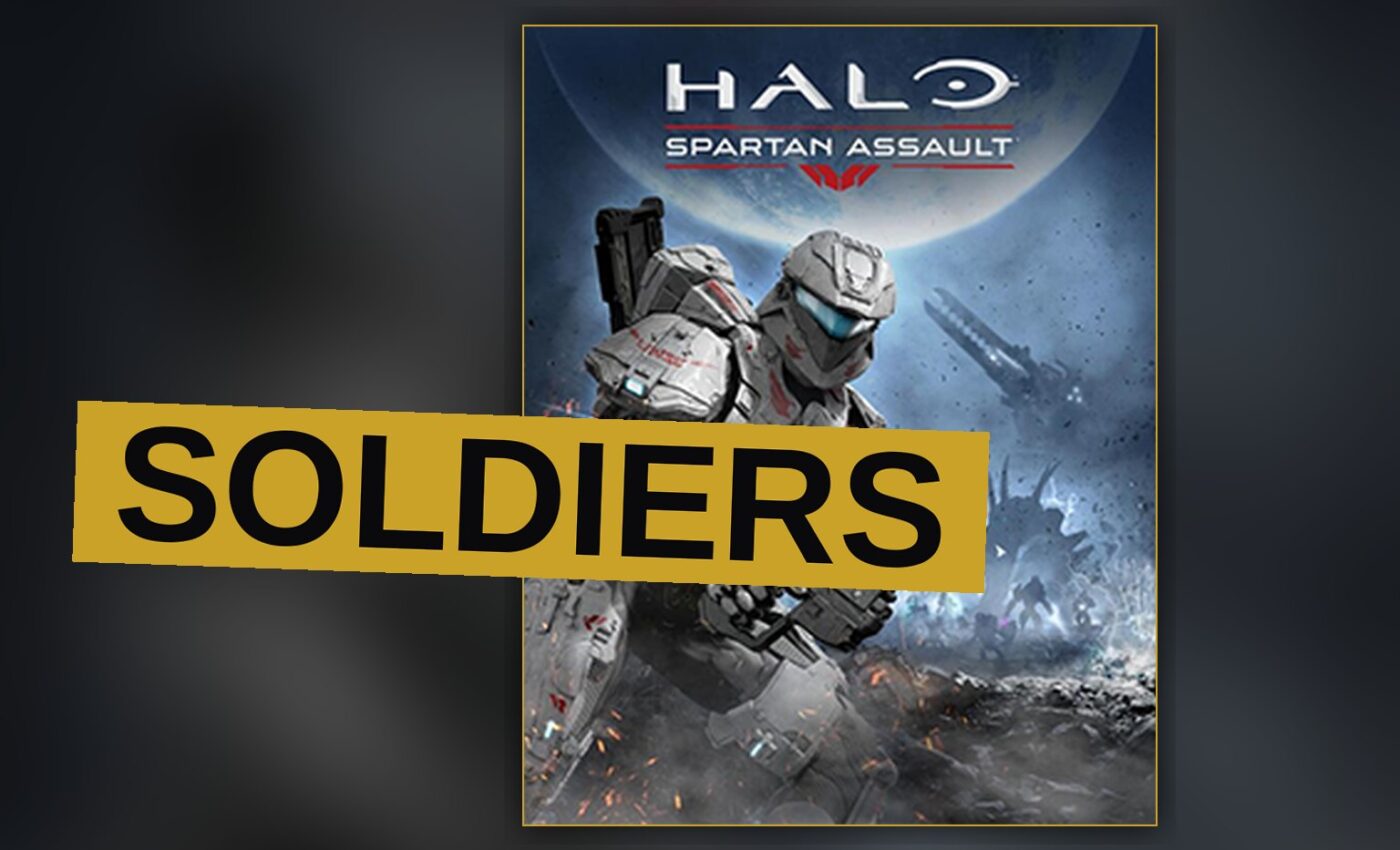 A Spartan stands ready in a dim corridor, rifle at the ready, amid shadowy foes.