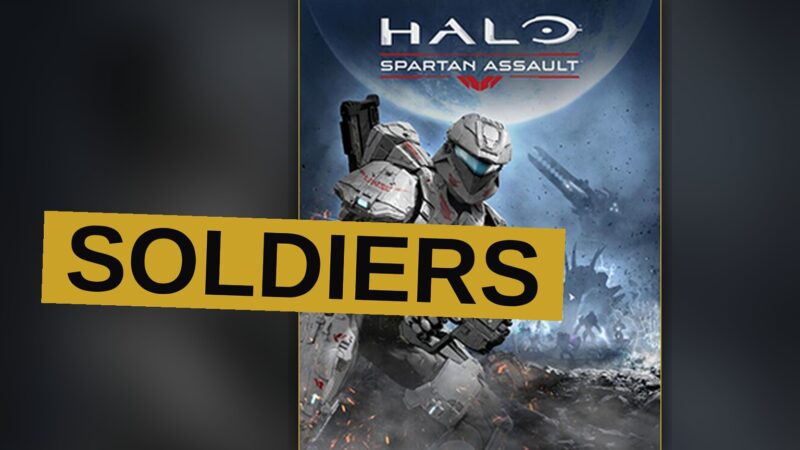 A Spartan stands ready in a dim corridor, rifle at the ready, amid shadowy foes.