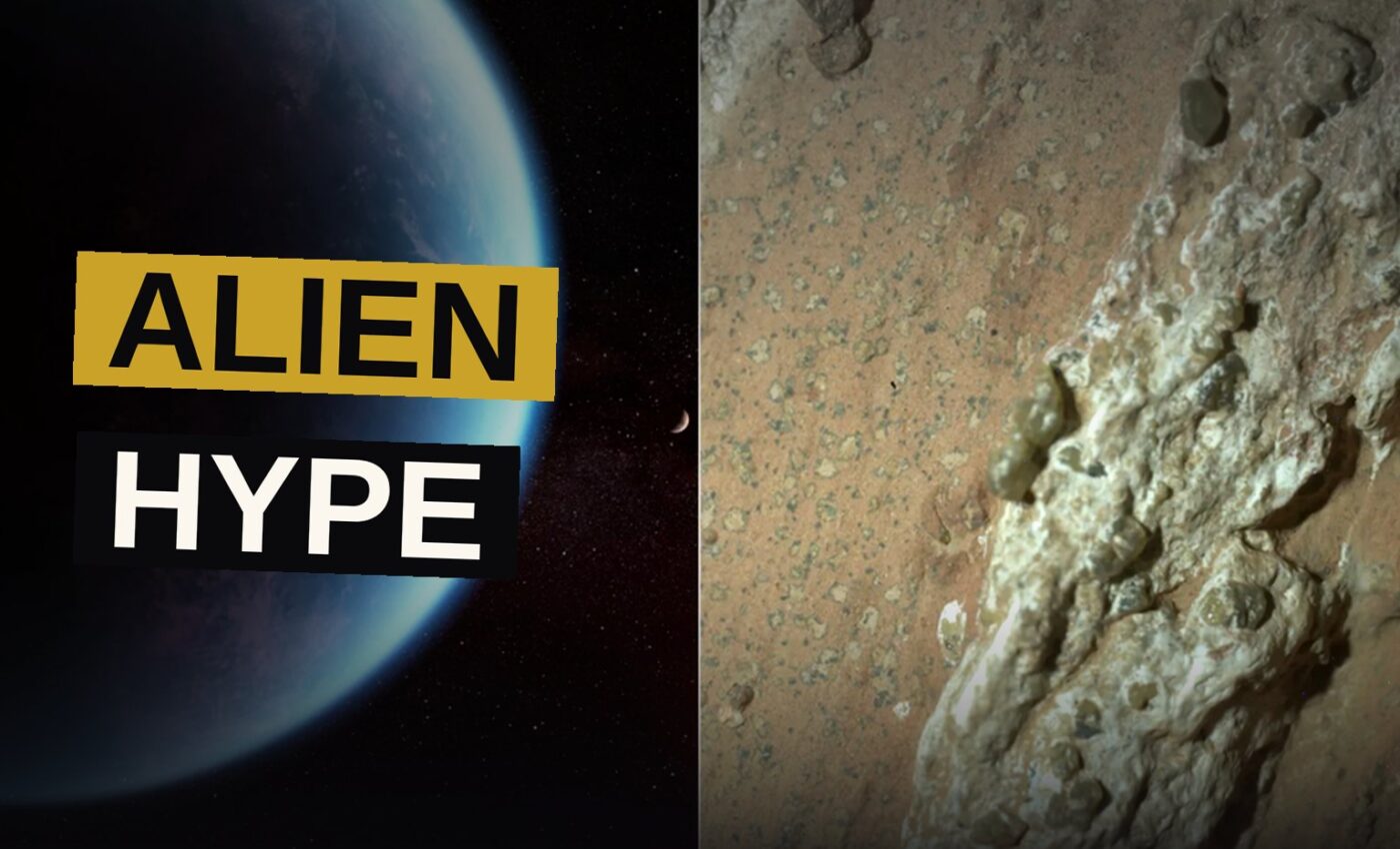 A Martian rock with white mineral rings sits in reddish soil under a pale sky, with a distant exoplanet visible.