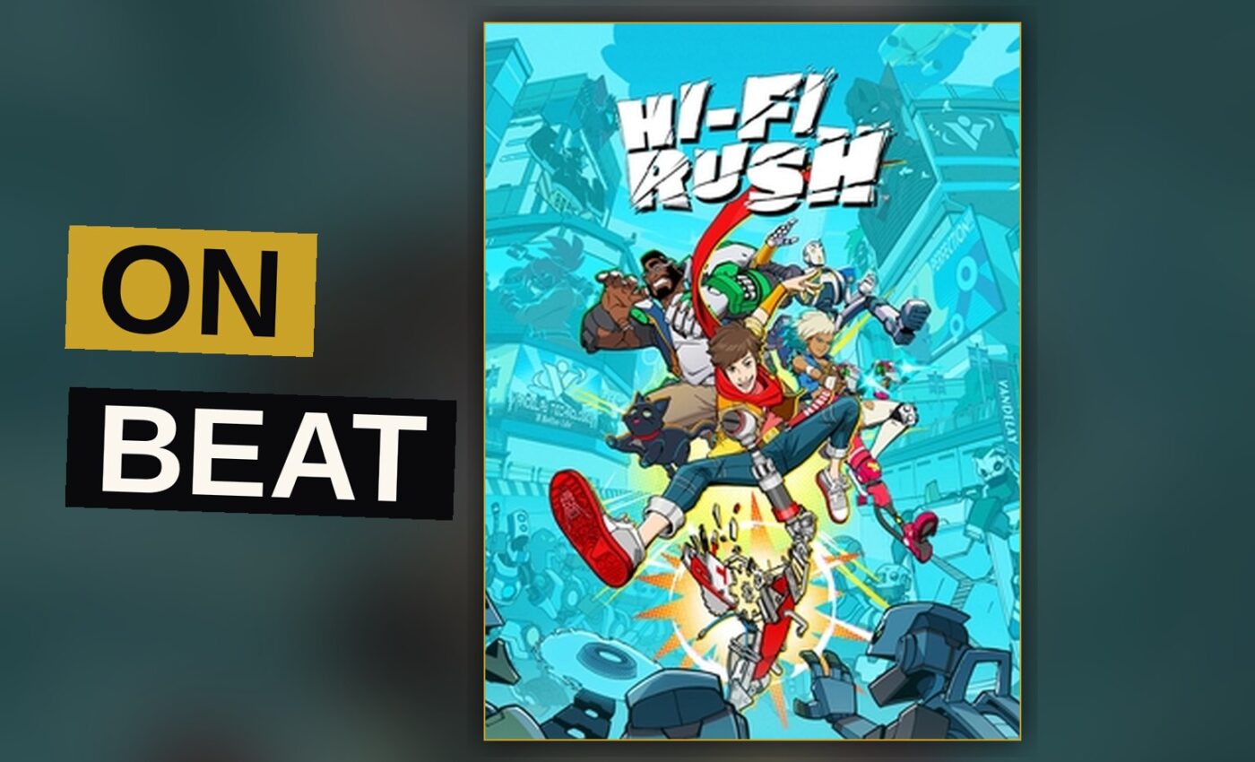 The guitar-armed hero strikes a robot in time with the music, sparks flashing amid the corporation's gleaming halls.