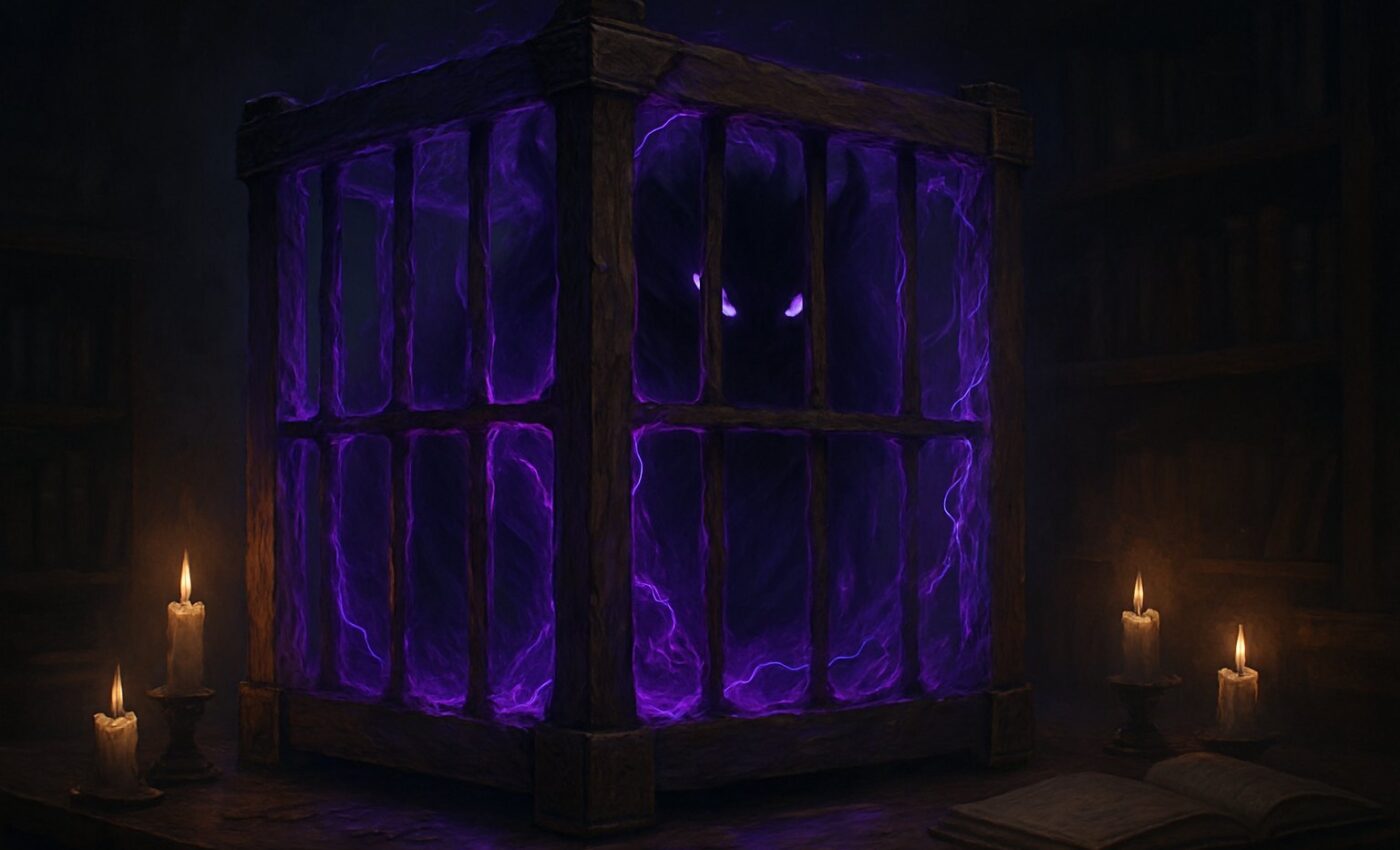 A shadowed cage barely contains a vast, shadowy creature within a dim and mysterious chamber.