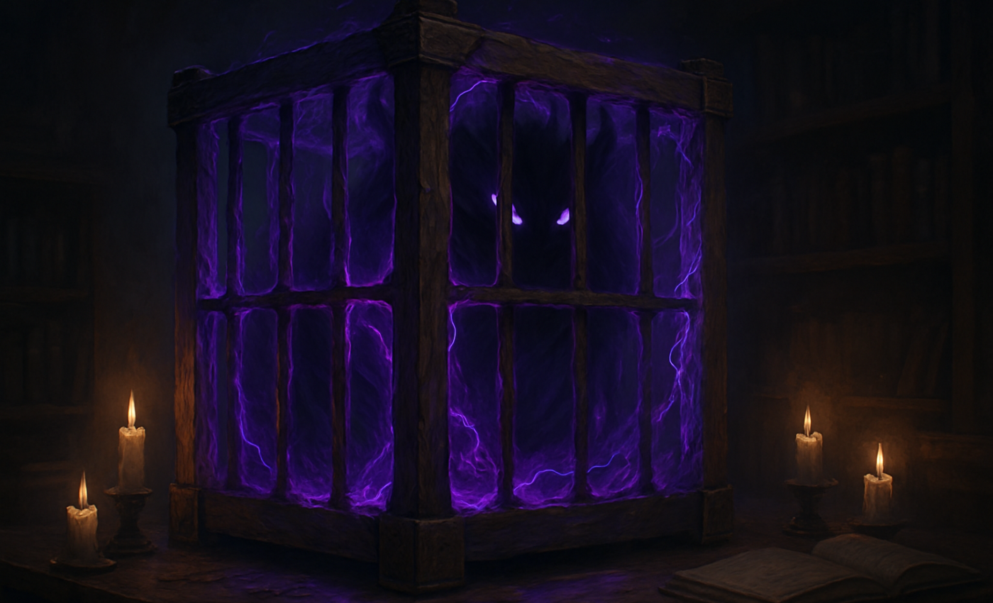 A shadowed cage barely contains a vast, shadowy creature within a dim and mysterious chamber.