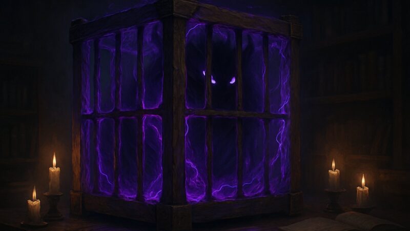 A shadowed cage barely contains a vast, shadowy creature within a dim and mysterious chamber.