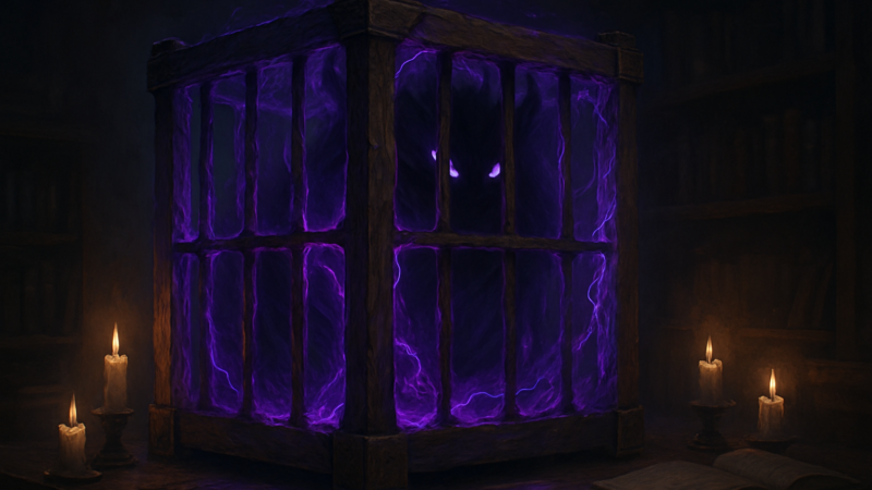 A shadowed cage barely contains a vast, shadowy creature within a dim and mysterious chamber.