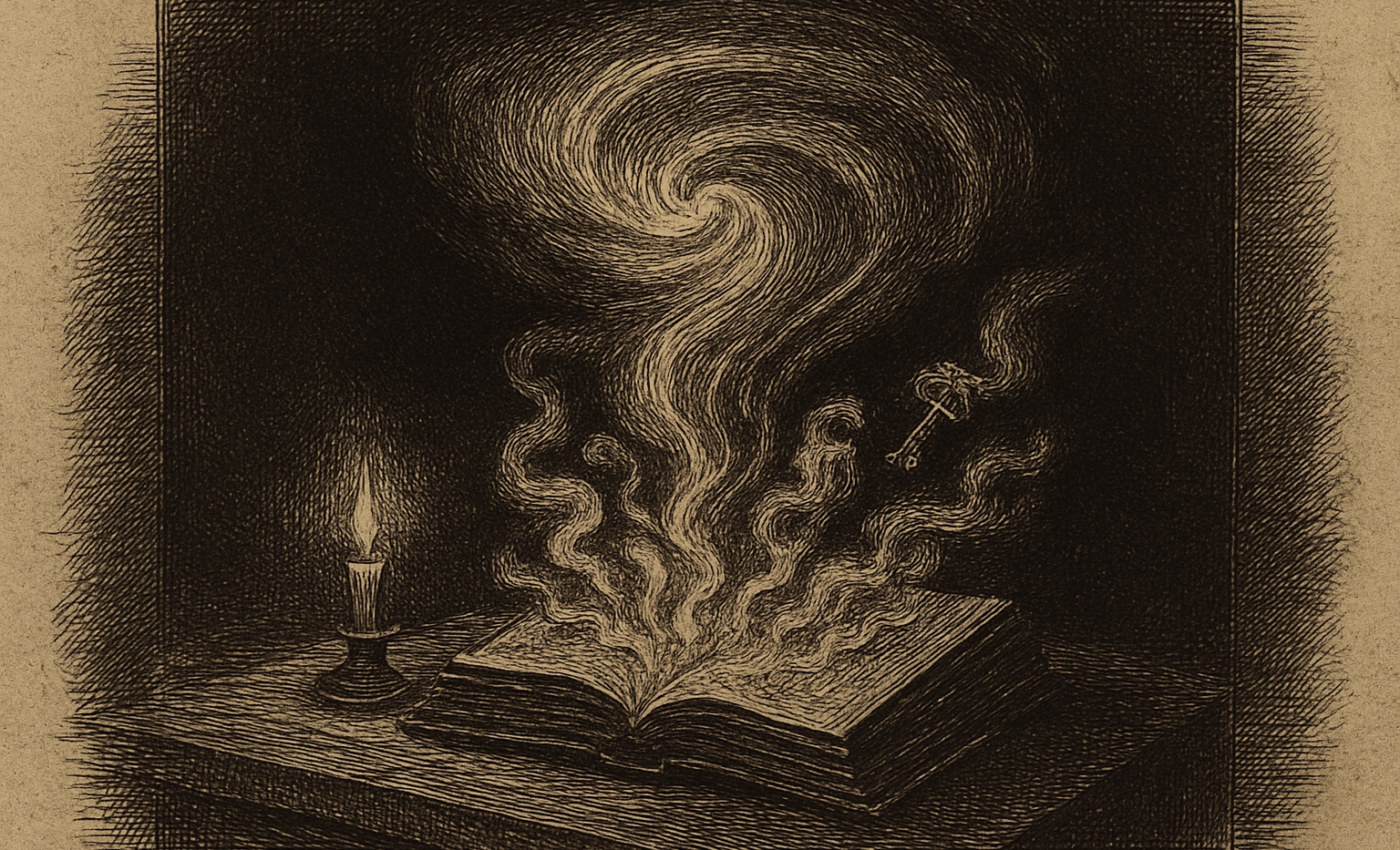 A spectral hand draws forth artifacts from a shadowy tome, wreathed in pale blue fire, as though summoned again and again by some phantom decree.