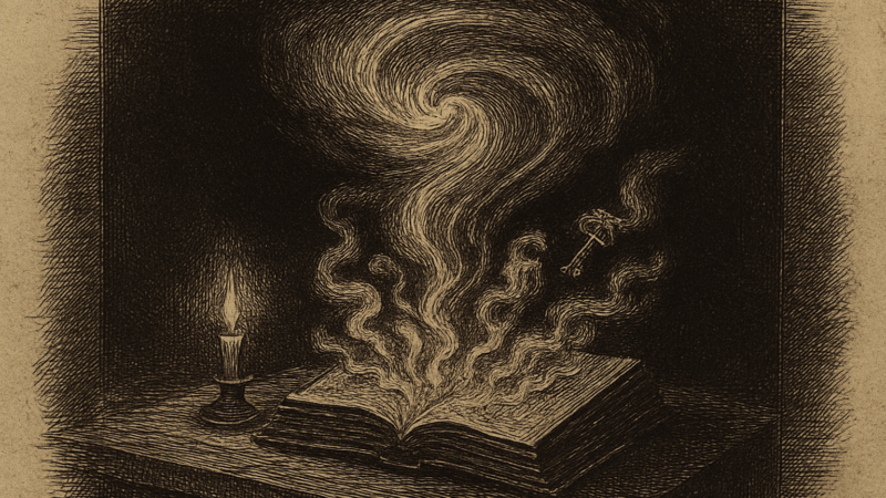 A spectral hand draws forth artifacts from a shadowy tome, wreathed in pale blue fire, as though summoned again and again by some phantom decree.