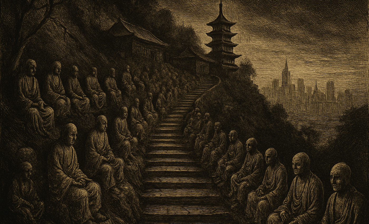 A stone path lined with golden Buddhist statues leads up a hillside toward a temple complex overlooking the city of Sha Tin.