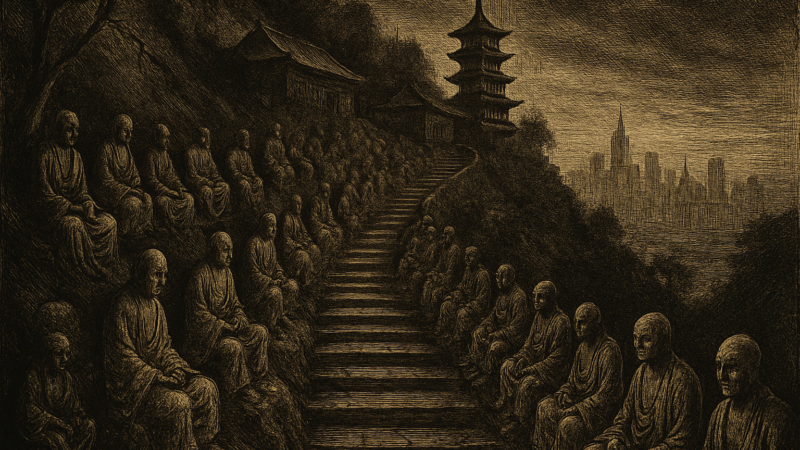 A stone path lined with golden Buddhist statues leads up a hillside toward a temple complex overlooking the city of Sha Tin.