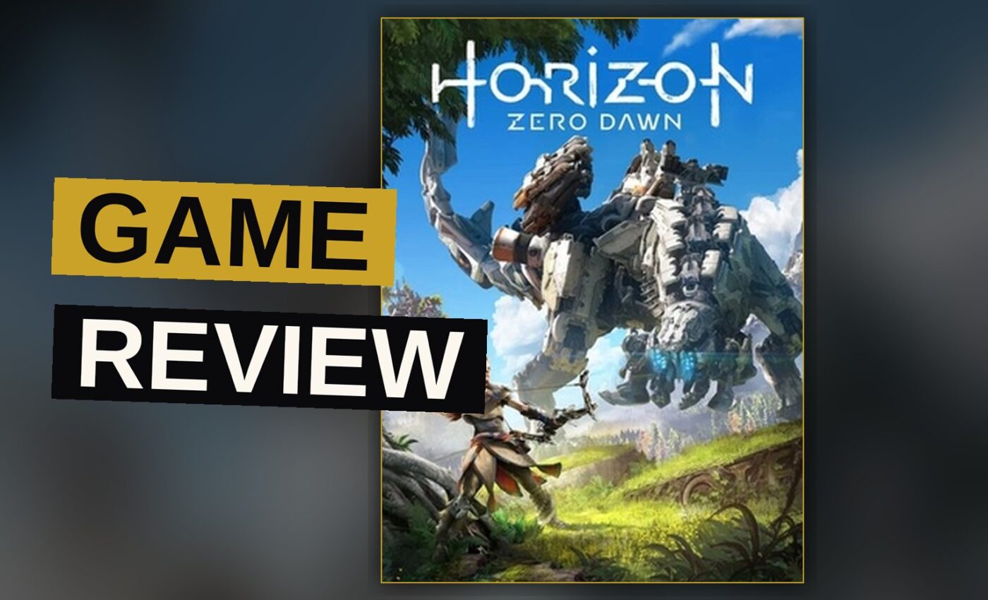 Aloy, a red-haired hunter, aims a bow at a towering mechanical dinosaur in a sunlit forest.