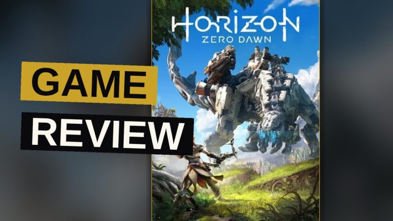 Aloy, a red-haired hunter, aims a bow at a towering mechanical dinosaur in a sunlit forest.
