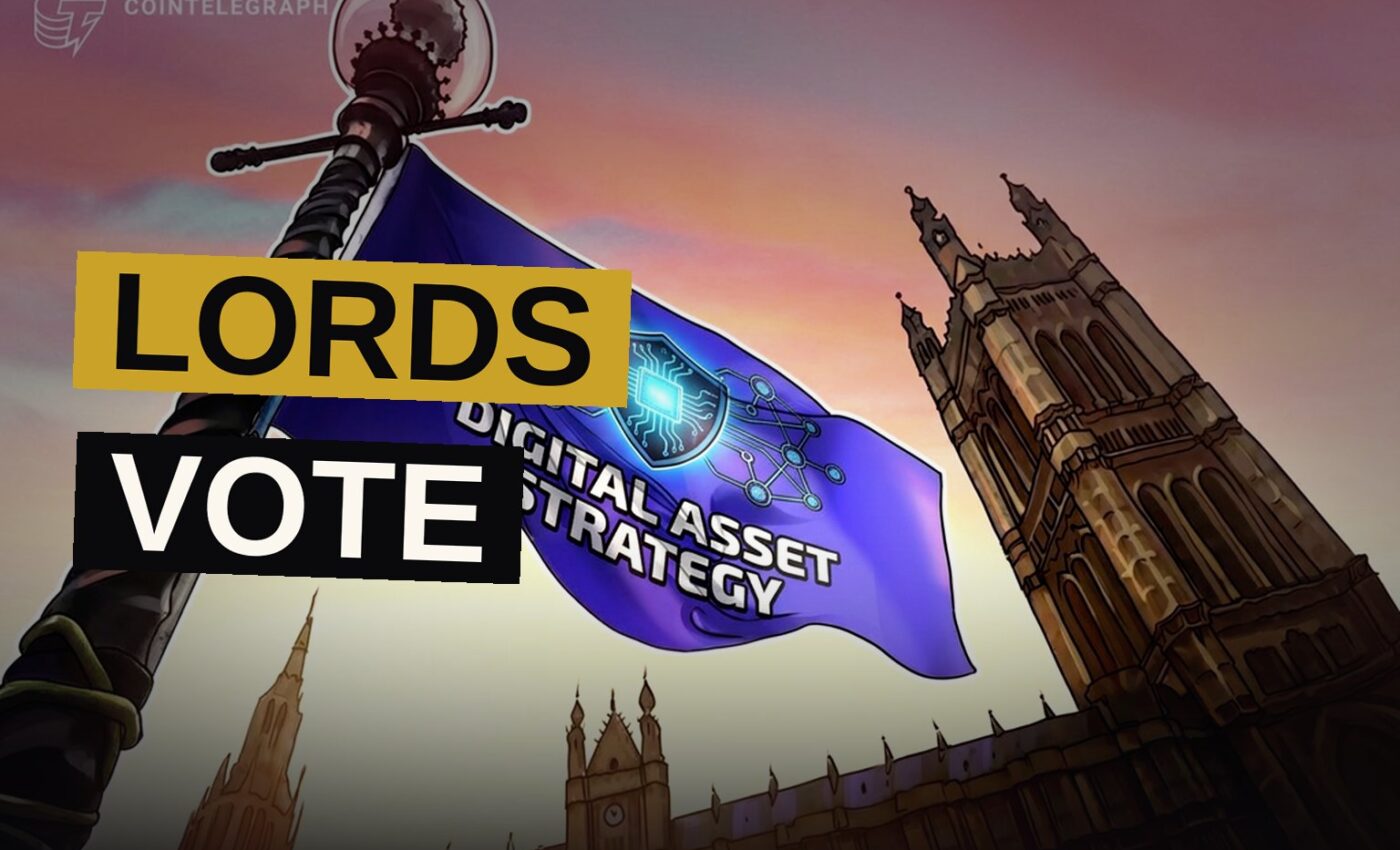 Illustration of the UK House of Lords chamber with digital asset symbols floating above the red benches.