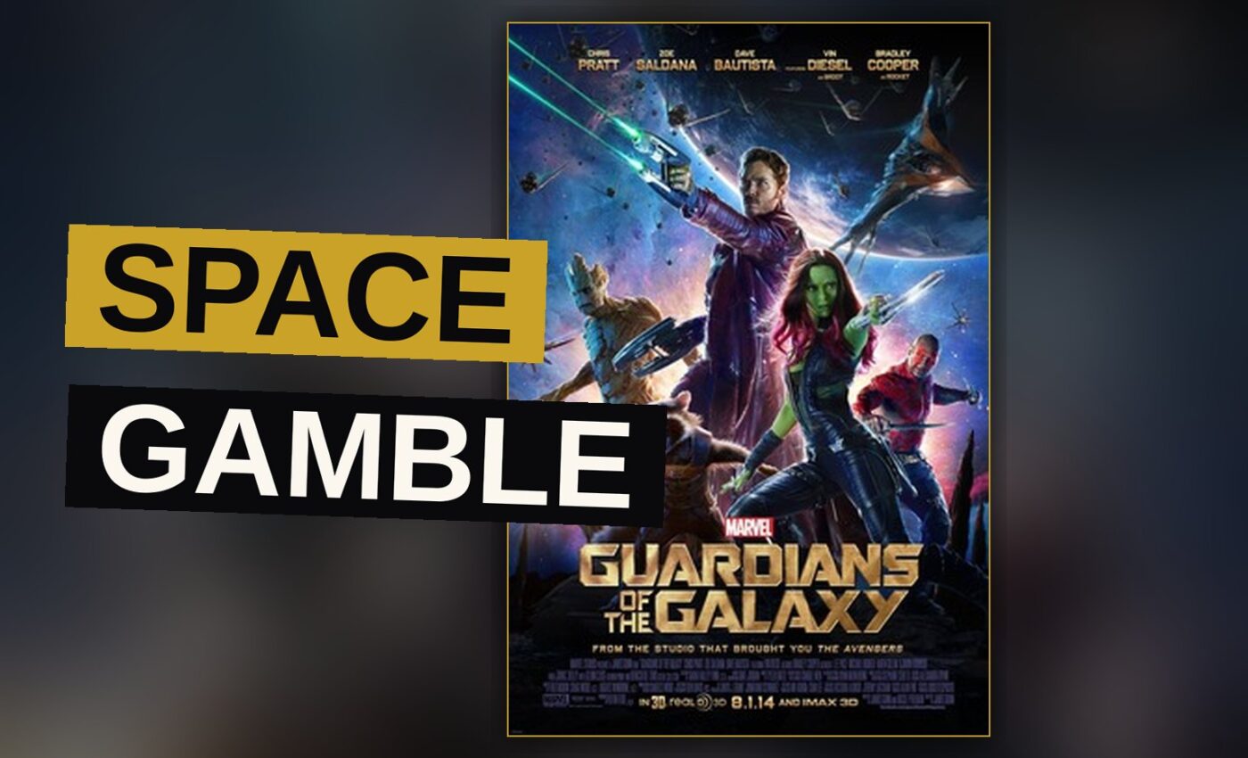 The Guardians of the Galaxy team, including a raccoon and a tree creature, stands together on a spaceship with a colorful nebula visible behind them.