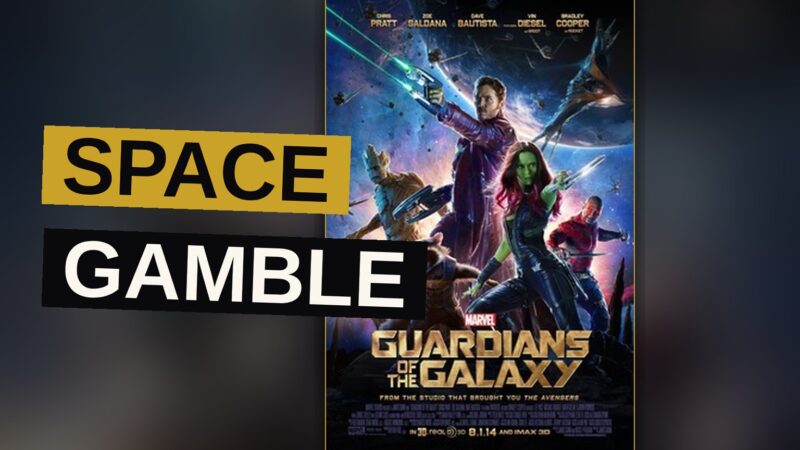 The Guardians of the Galaxy team, including a raccoon and a tree creature, stands together on a spaceship with a colorful nebula visible behind them.