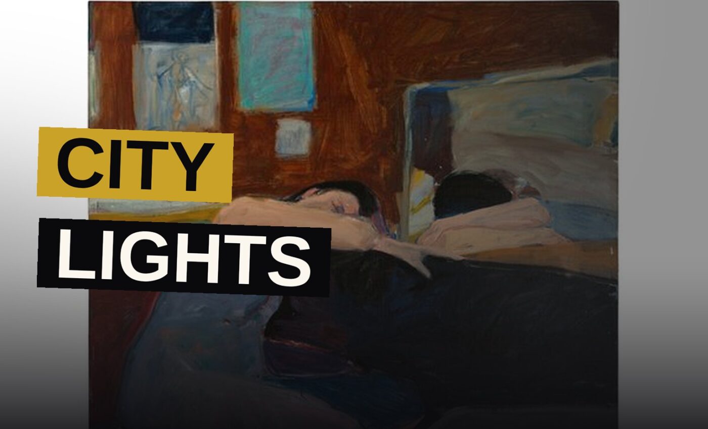 A poet sits at a bar in a dimly lit San Francisco tavern, surrounded by books and printed broadsides, with foggy city lights glowing outside.
