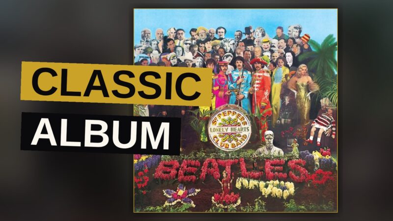 A vivid psychedelic collage artwork inspired by the Sgt. Pepper's album cover, with a colorful crowd and a brass band.