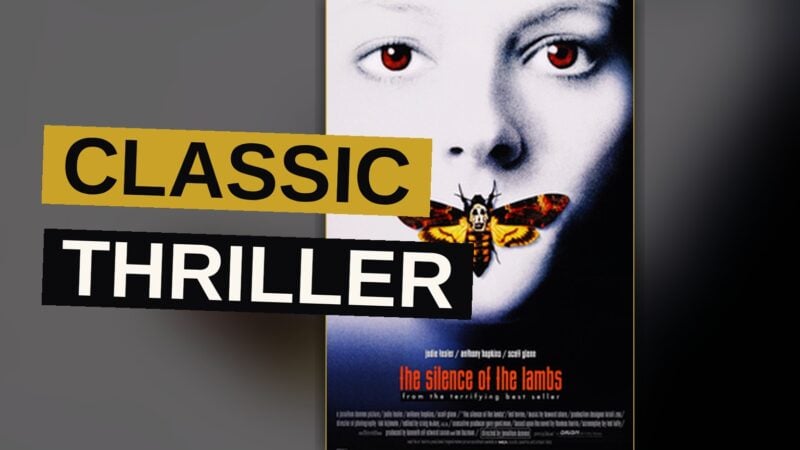 A young woman in a dark corridor faces a menacing figure behind the glass of a prison cell.