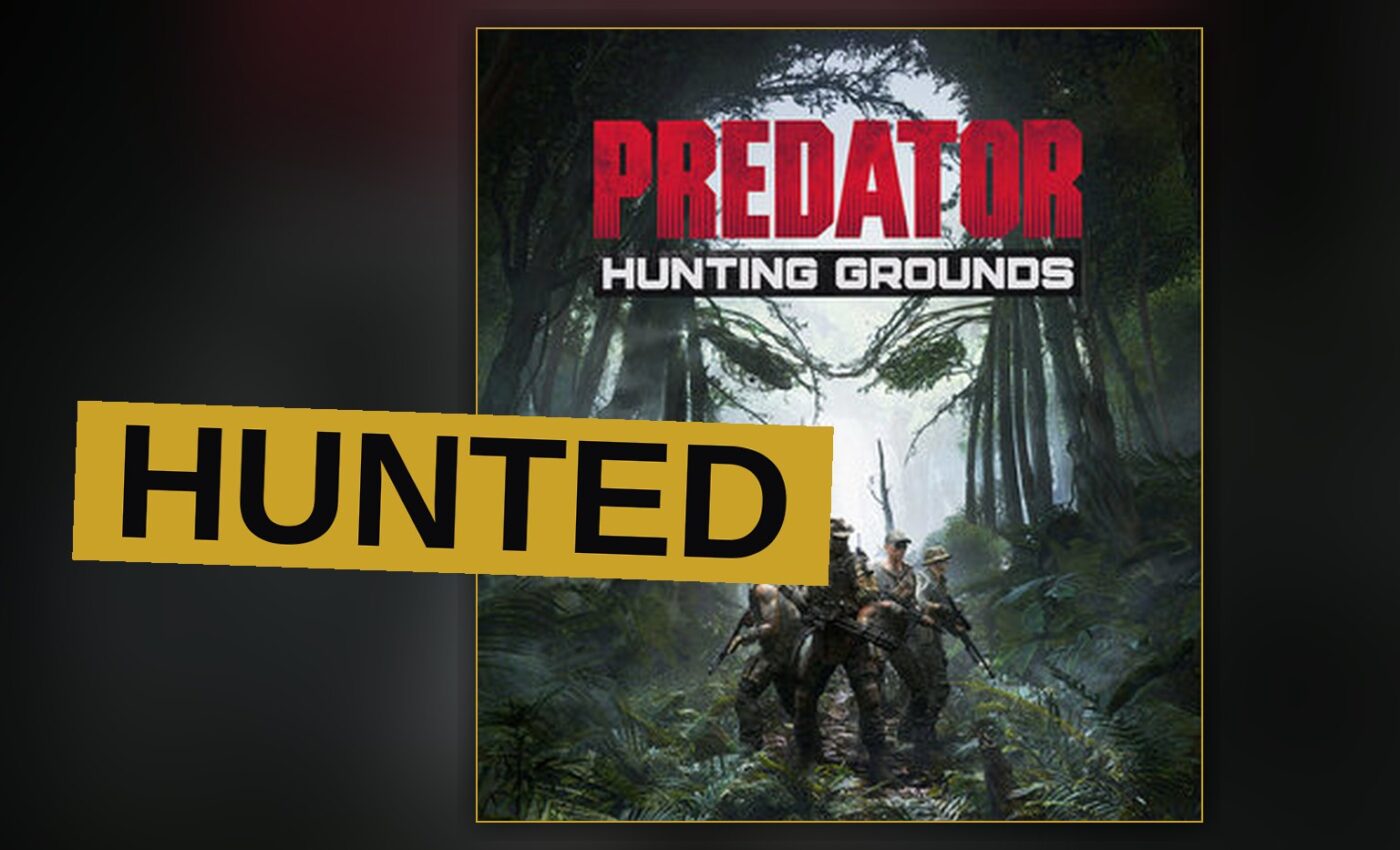 A Predator hunter stalks through a dark jungle while a squad of soldiers hides nearby.