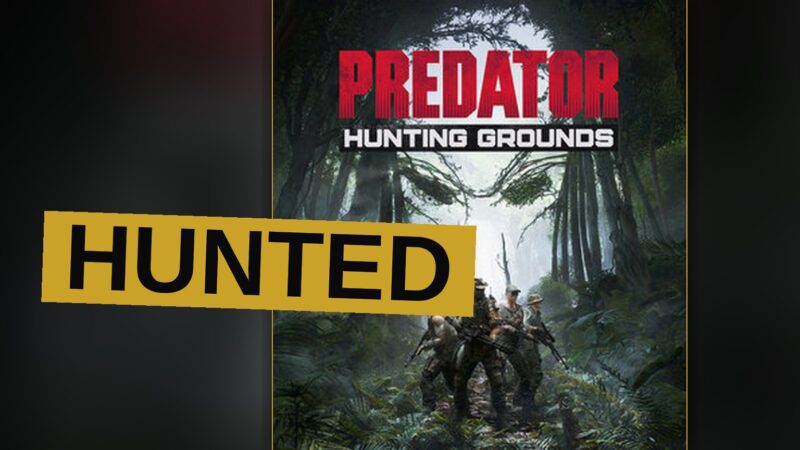 A Predator hunter stalks through a dark jungle while a squad of soldiers hides nearby.