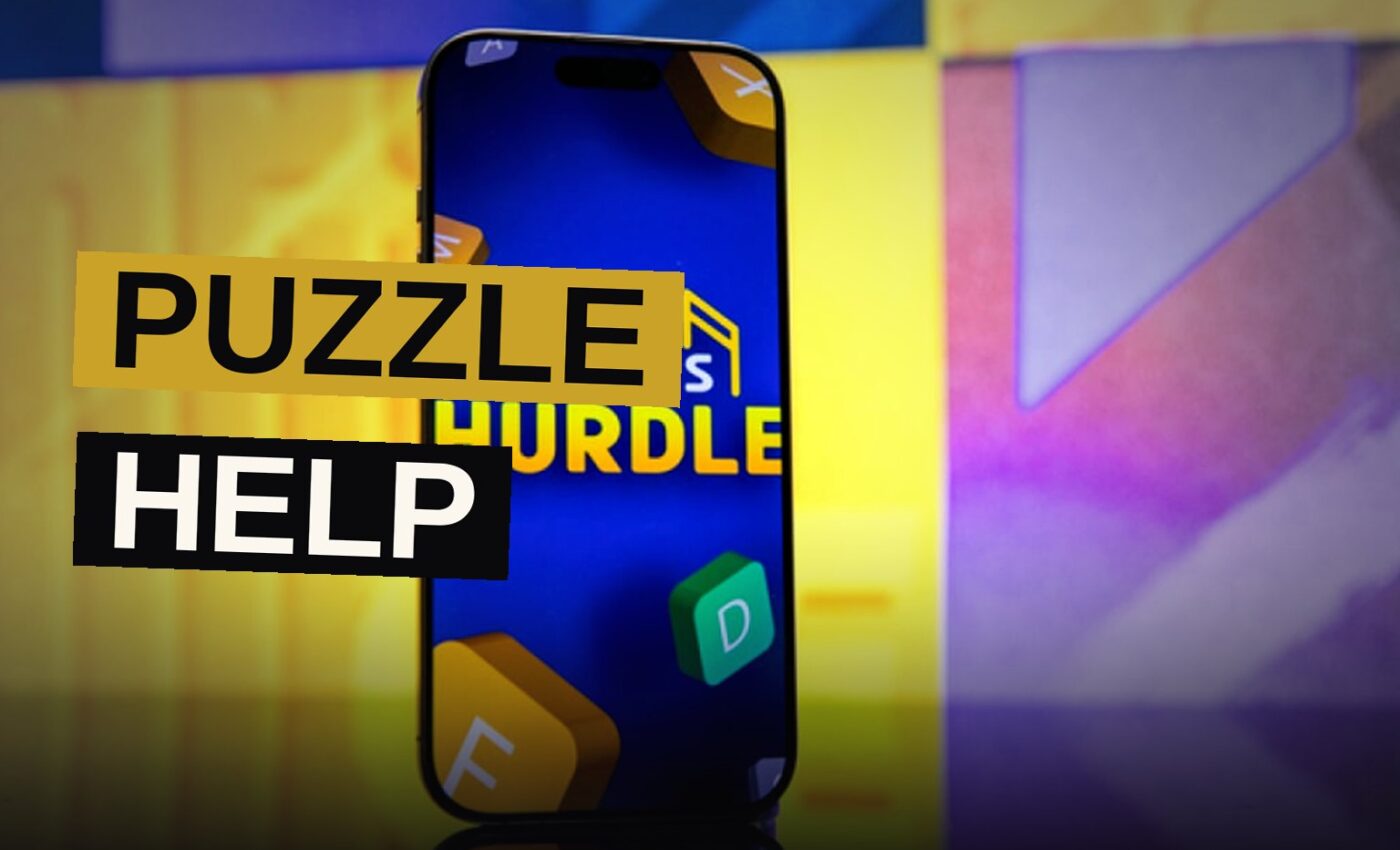 A smartphone screen showing a colorful word puzzle game with letter tiles in green and yellow.