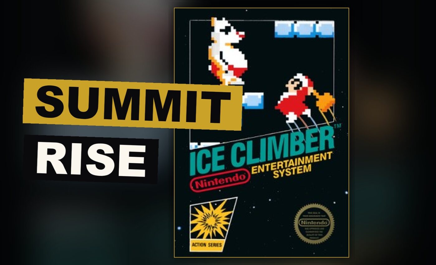 Two climbers armed with hammers rise through a frozen mountain of breaking ice toward the peak above.
