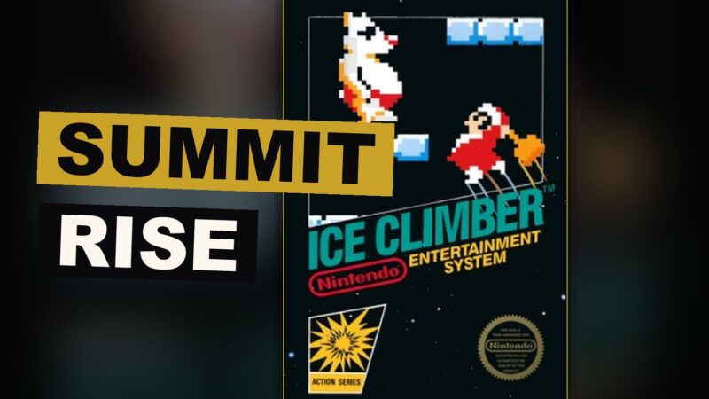 Two climbers armed with hammers rise through a frozen mountain of breaking ice toward the peak above.